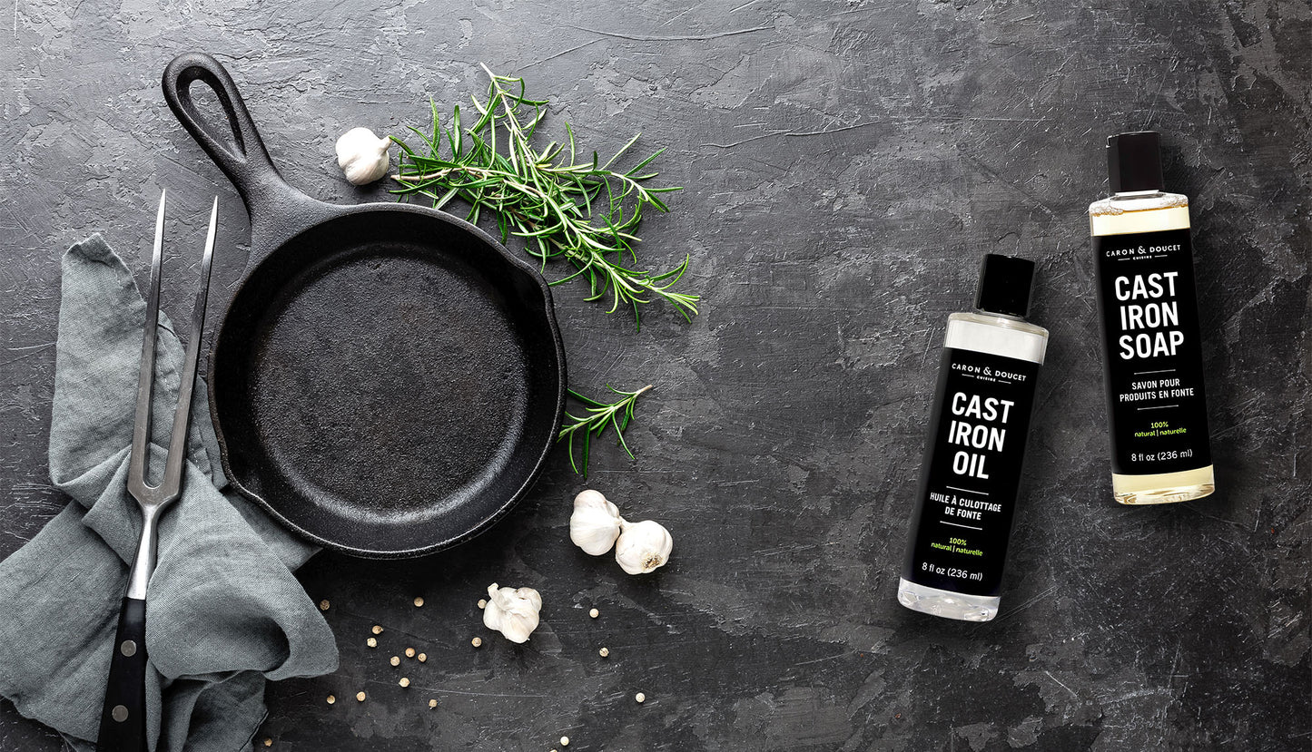  CARON & DOUCET - Ultimate Cast Iron Set: Seasoning Oil,  Cleaning Soap & Restoring Scrub  100% Plant-Based & Best for Cleaning  Care, Washing, Restoring & Seasoning Skillets, Pans & Grills! 